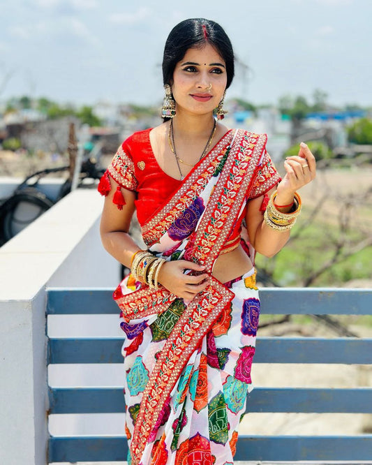 New Superhit Trending Embroidered Cotton Thread & Sequins Work Designer Saree