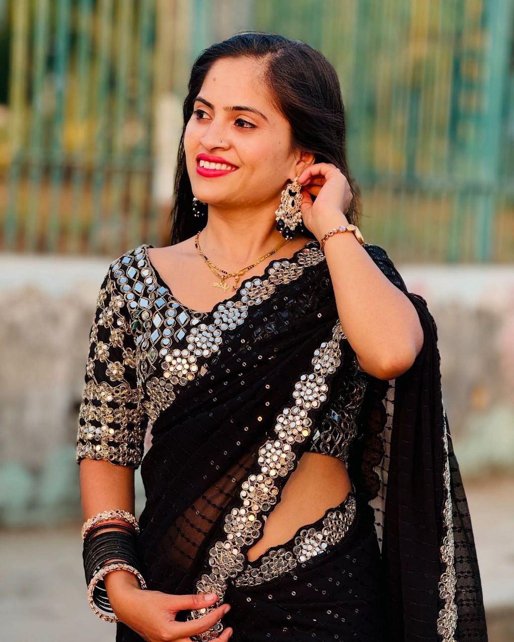 Stylish Beautiful Designer Real Mirror Work Party Wear Saree