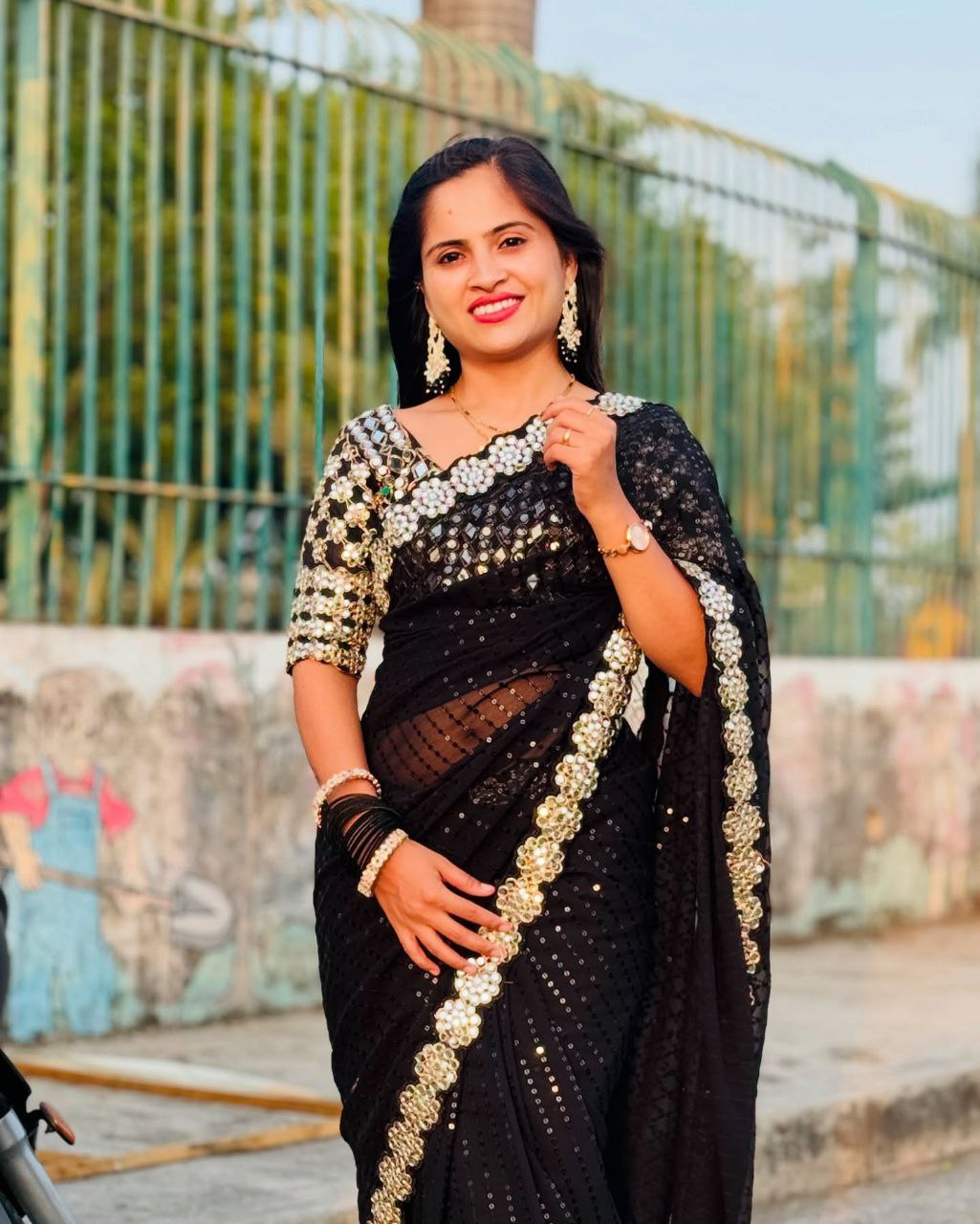 Stylish Beautiful Designer Real Mirror Work Party Wear Saree