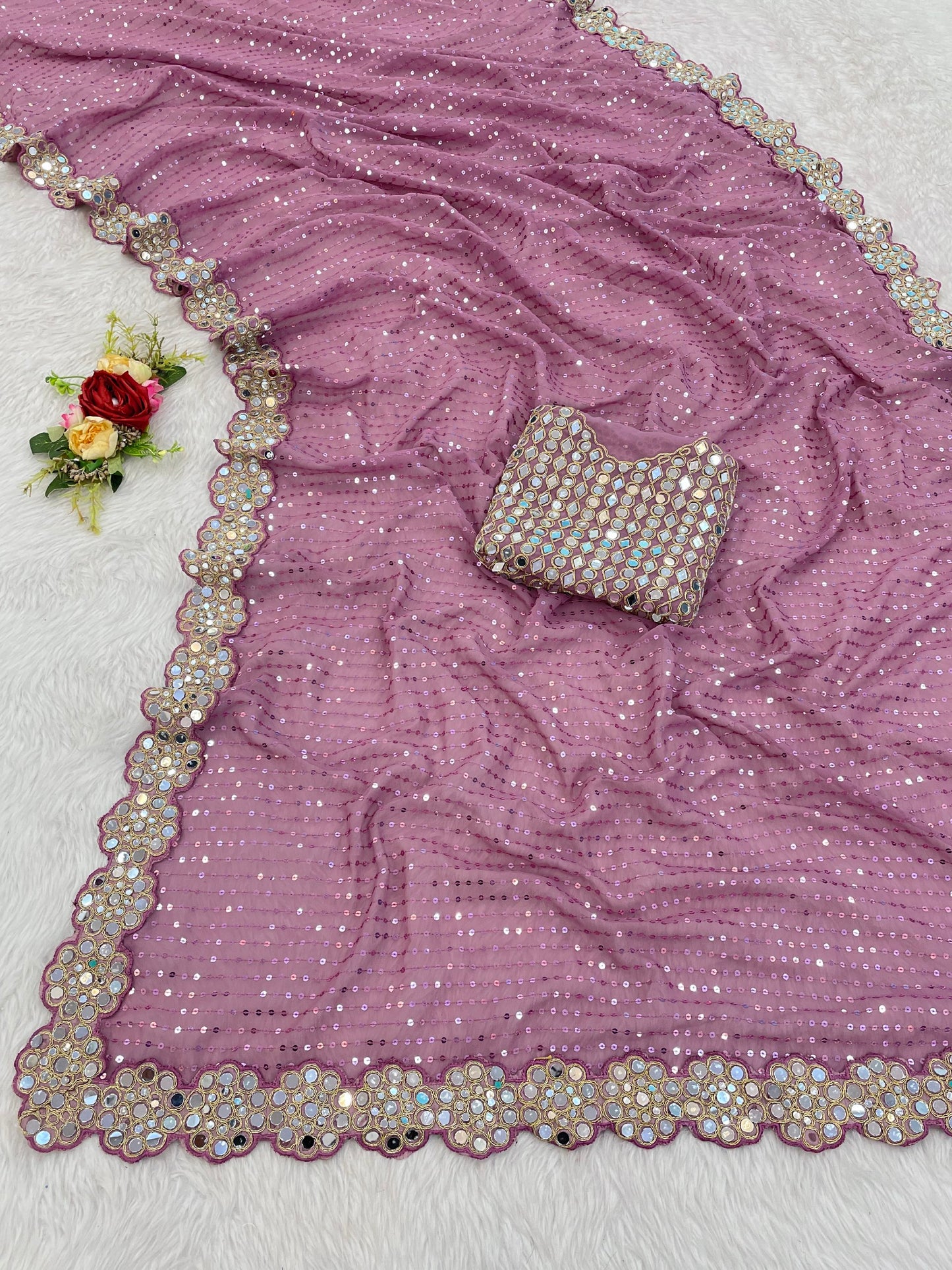 Stylish Women Pink Georgette Heavy Seuenced And Real Mirror Work Saree With Unstiched Blouse
