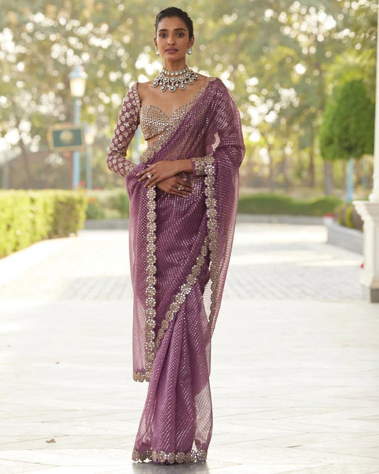 Stylish Women Pink Georgette Heavy Seuenced And Real Mirror Work Saree With Unstiched Blouse
