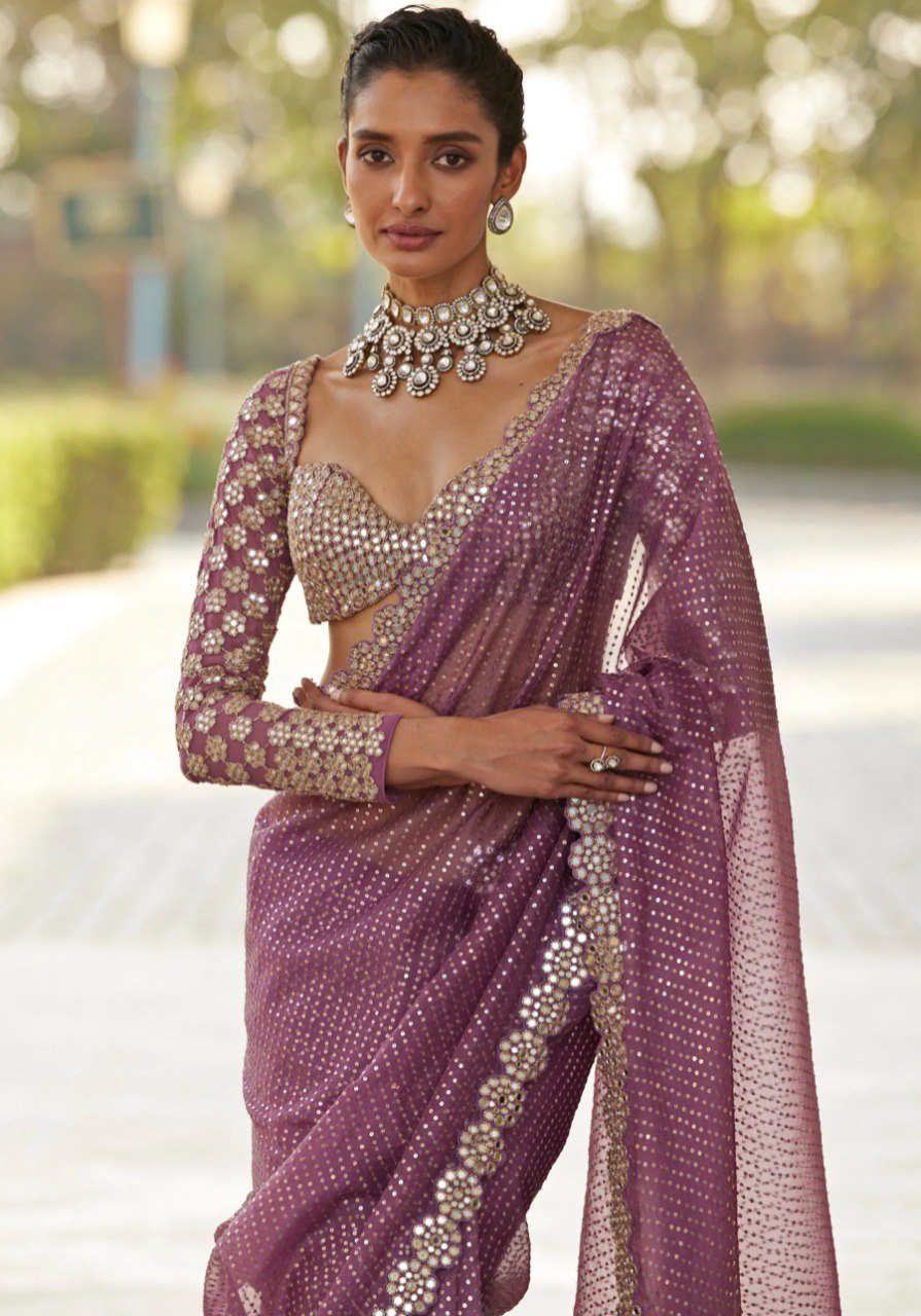 Stylish Women Pink Georgette Heavy Seuenced And Real Mirror Work Saree With Unstiched Blouse