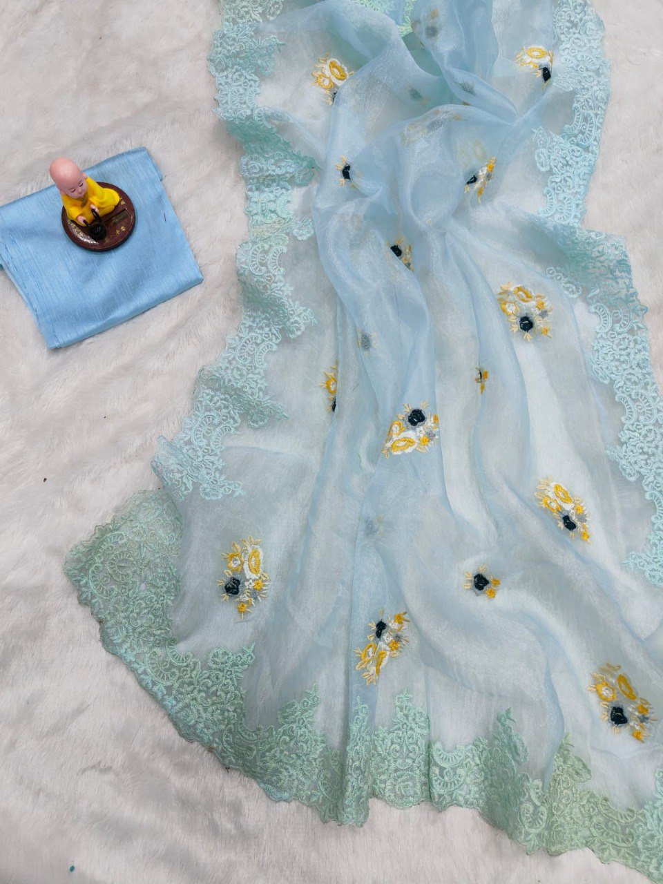 Pure Orgenza Silk Fabric Multi Embroidered Work Blue Saree