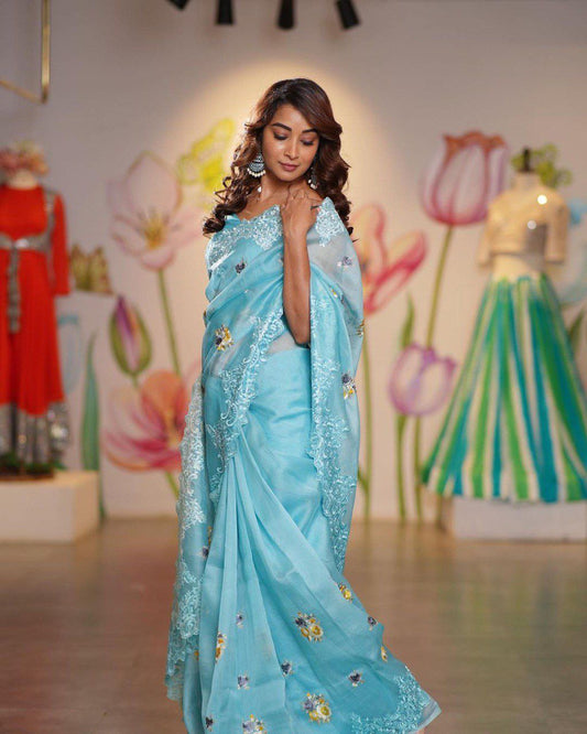 Pure Orgenza Silk Fabric Multi Embroidered Work Blue Saree