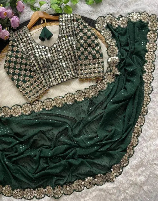 BEAUTIFUL DESIGNER REAL MIRROR WORK PARTY WEAR SAREE